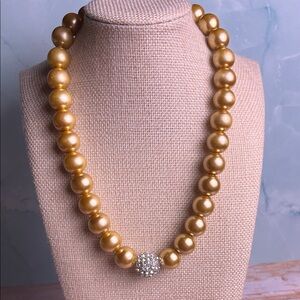 Faux Pearl Necklace Champagne Gold Hue Glass Beads Rhinestone Focal Bead 20"